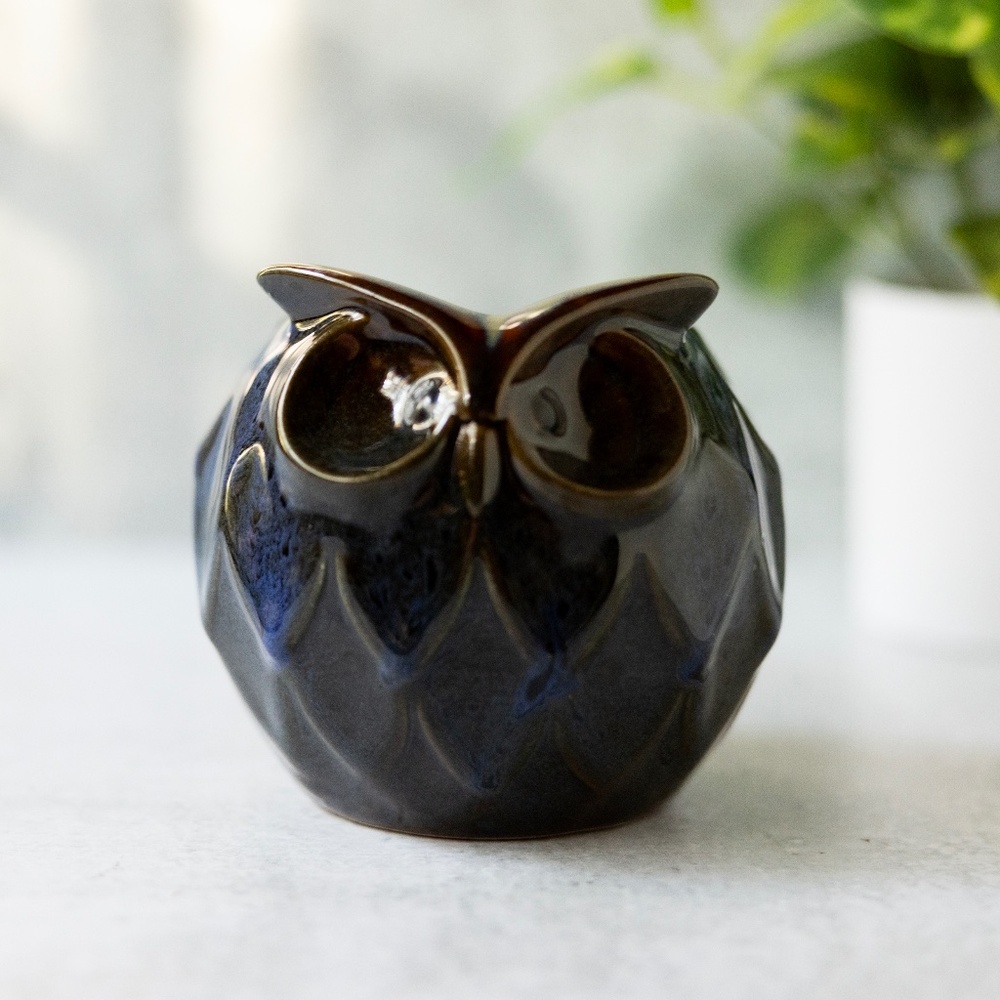 Ceramic Owl Accent Vase in Deep Brown and Blue